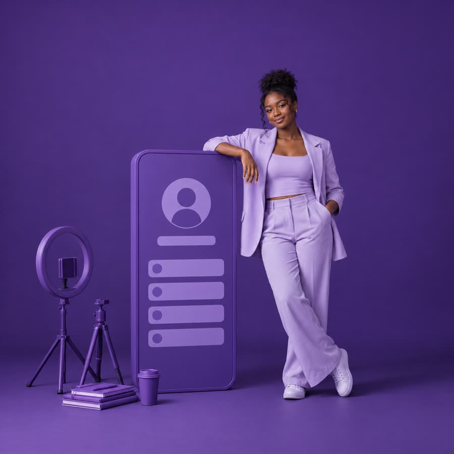 A creator standing beside a life-size phone showing her Faciey profile