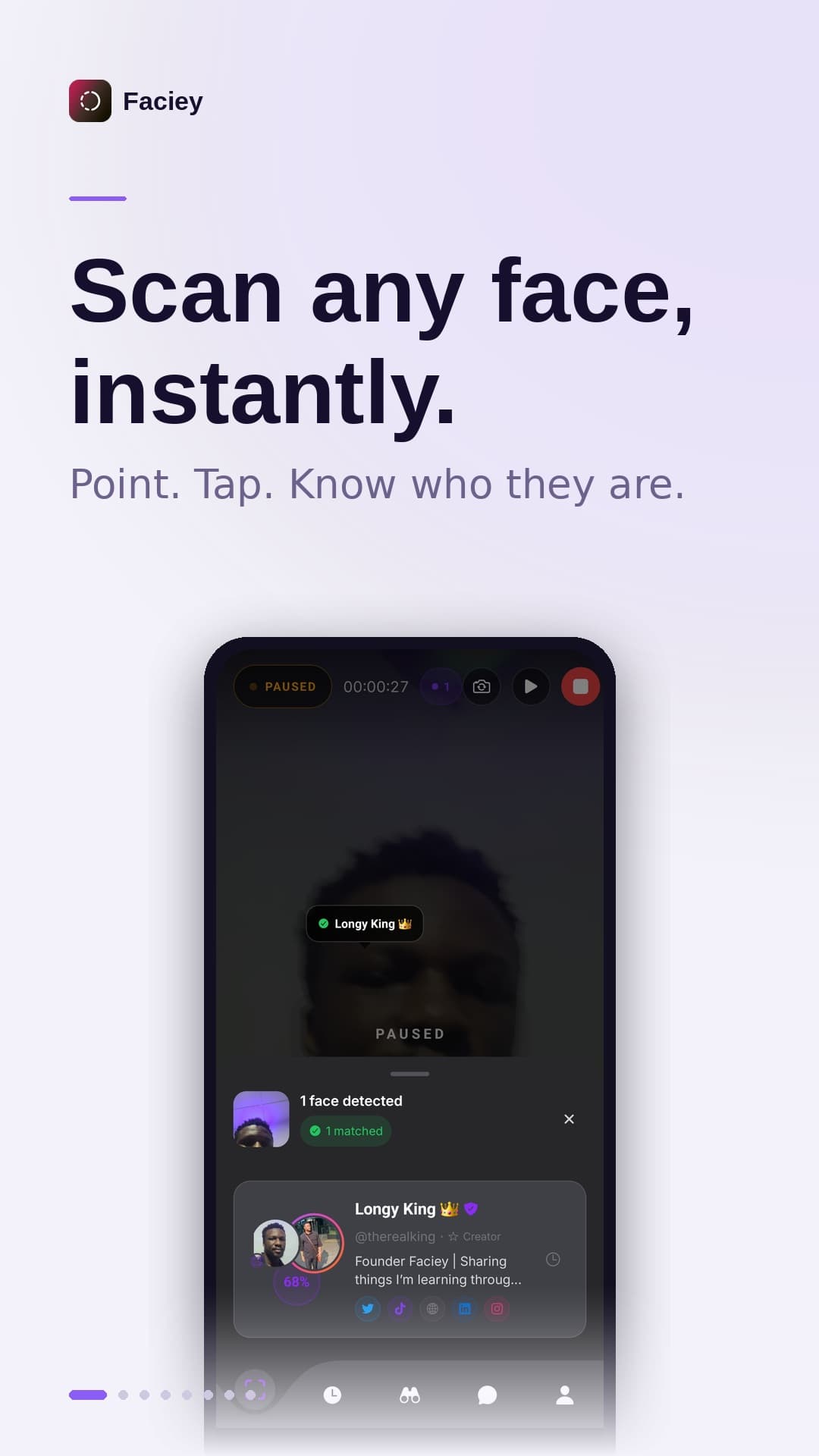 Scan any face instantly — Faciey live face scanning