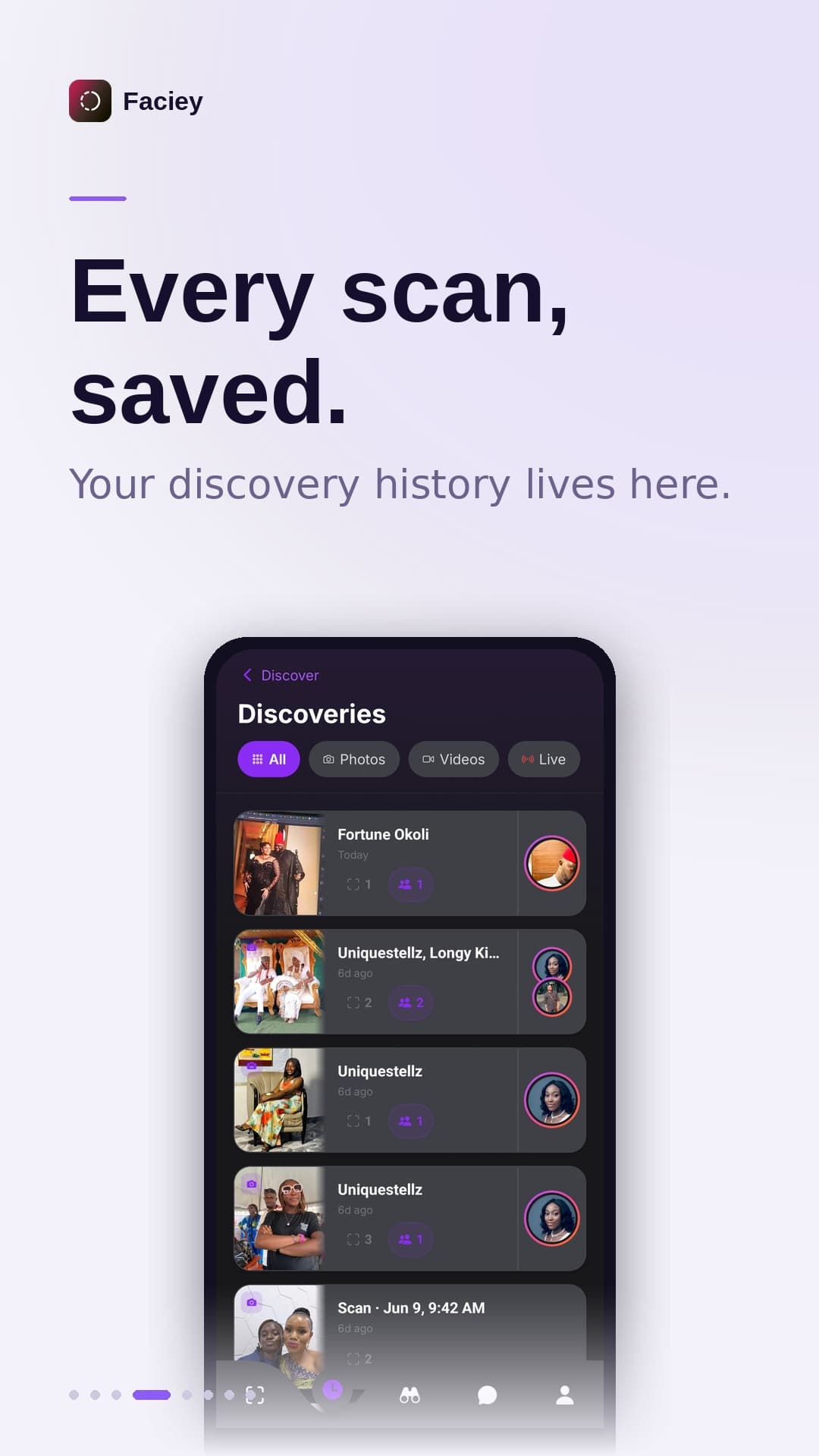 Every scan saved — Faciey discovery history