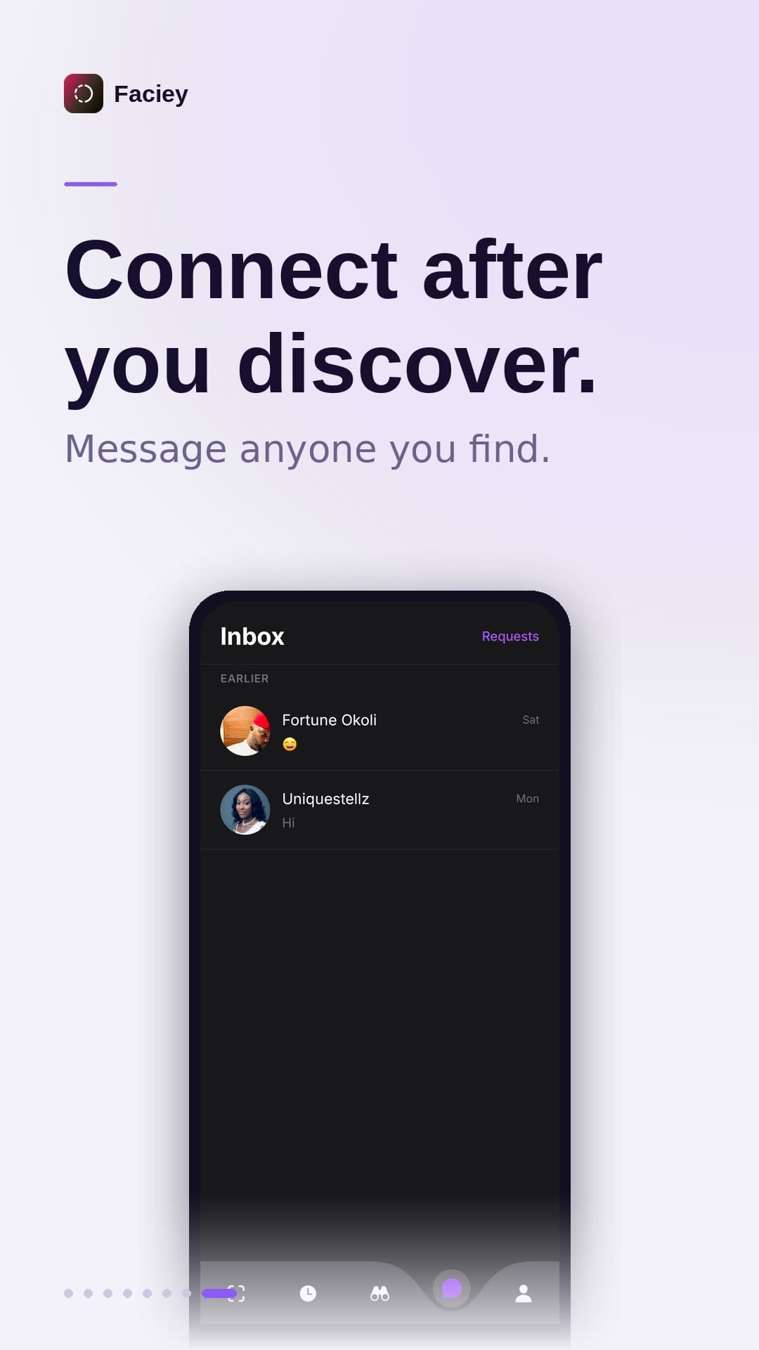 Message anyone you find — Faciey inbox