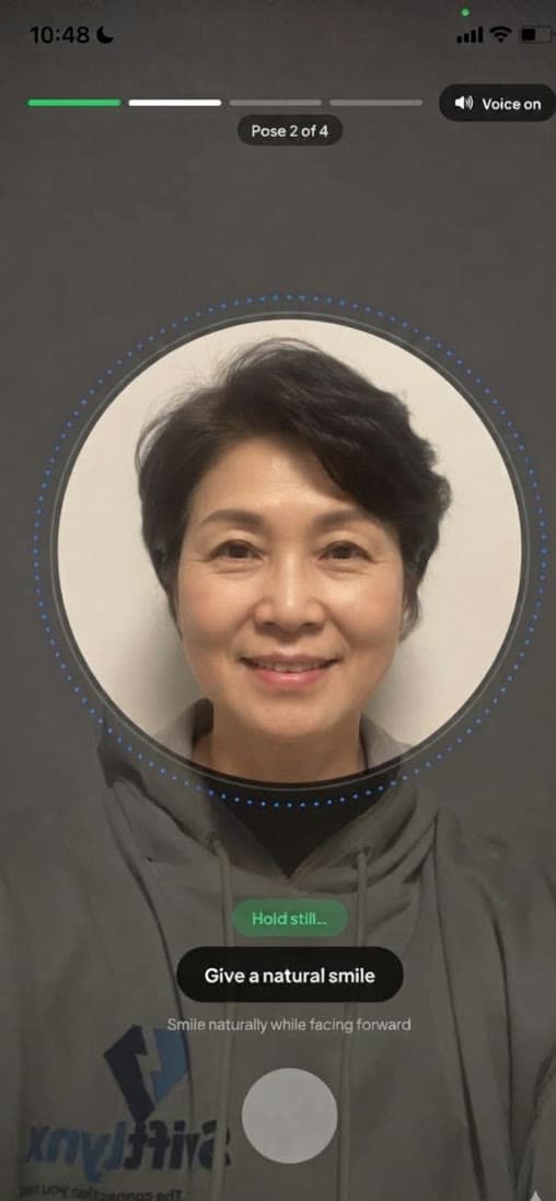 Verifying a face across four guided poses, with the progress ring
