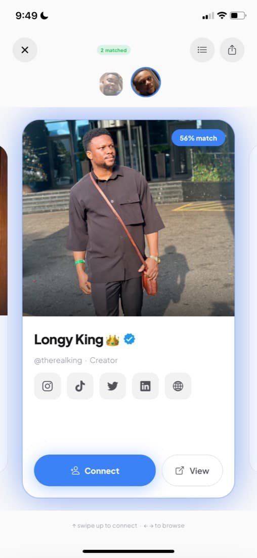 A matched result card with the option to connect with the person found