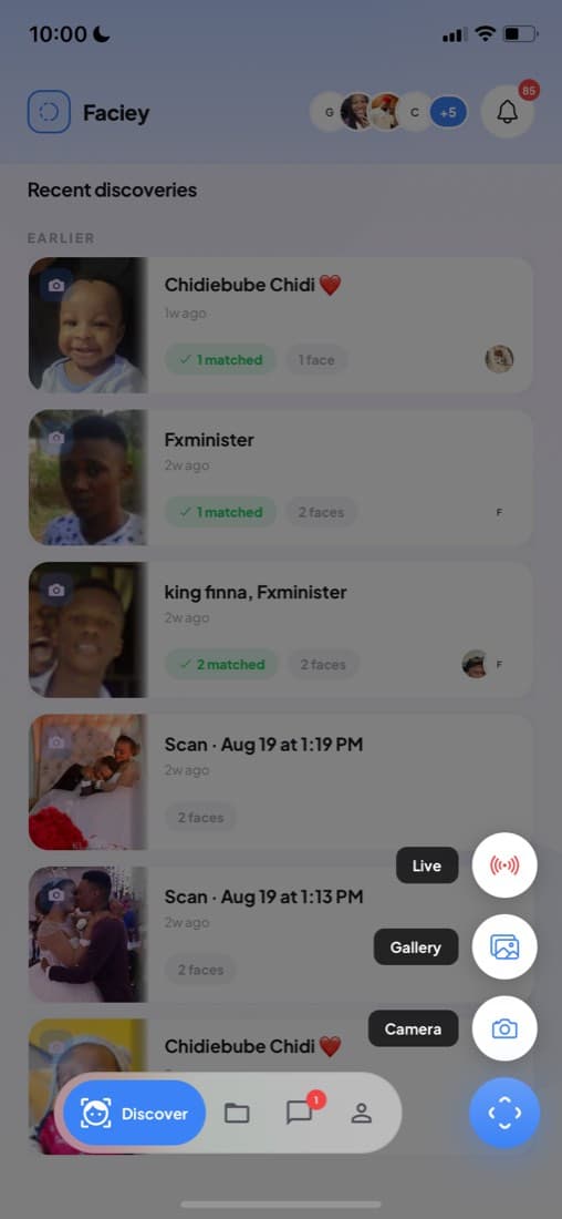 The three ways to start a scan in the Faciey app, including live