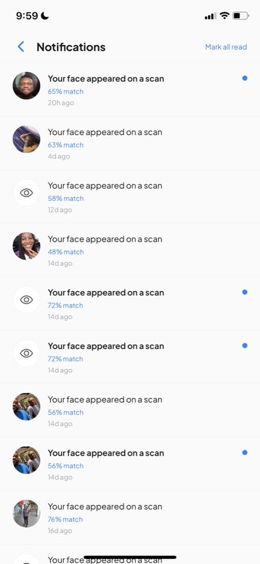 A list of the scans a person's face appeared in