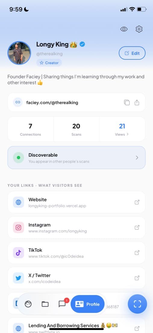A profile showing the discoverability switch separate from verification